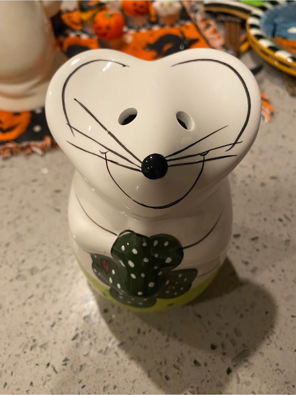 Laurie Gates Hand Painted Ceramic Mouse Parmesan Cheese Shaker Shamrock Clover